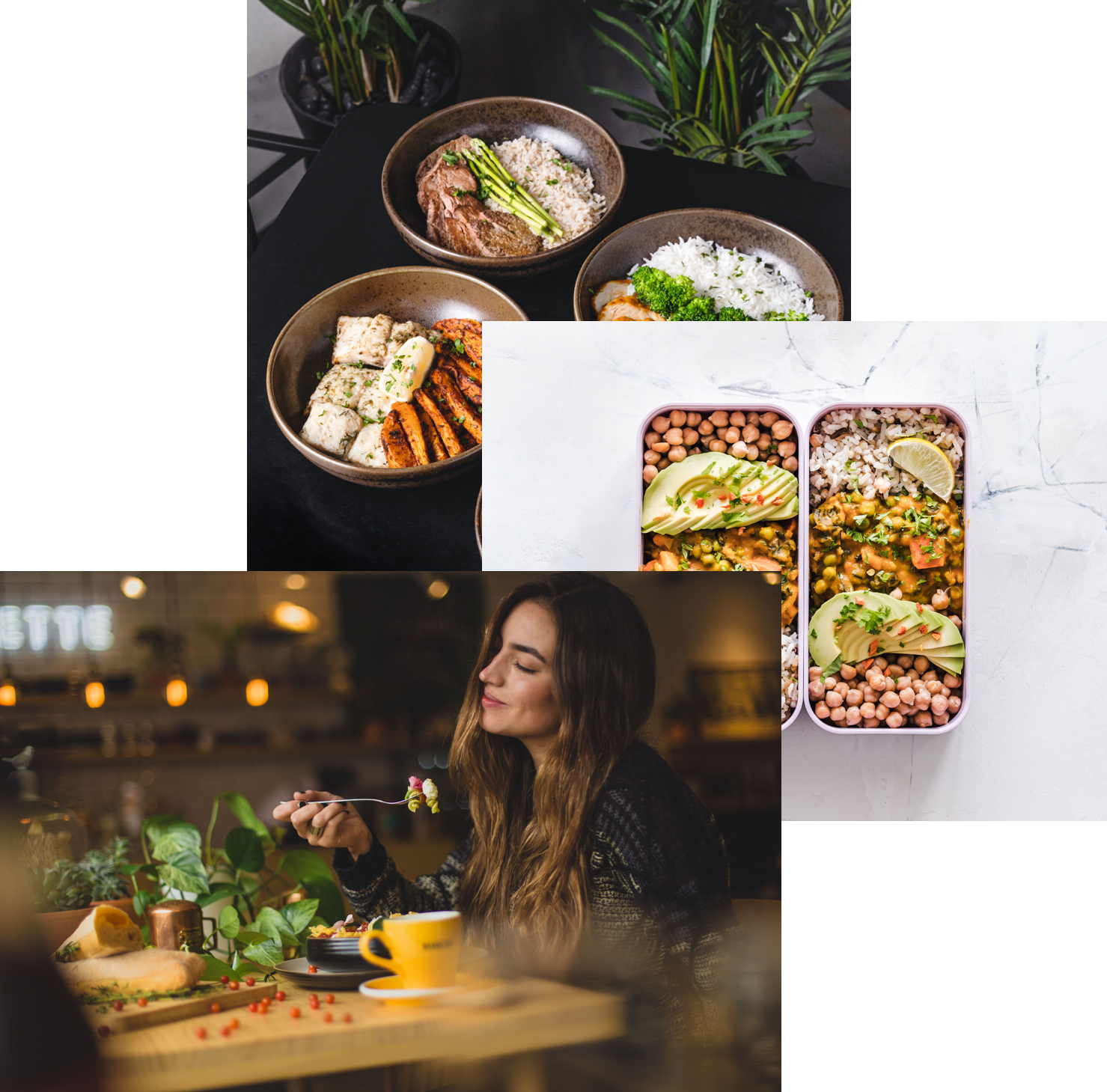 picture collage of food, includes a woman eating, a lunchbox meal and food bowls with meals